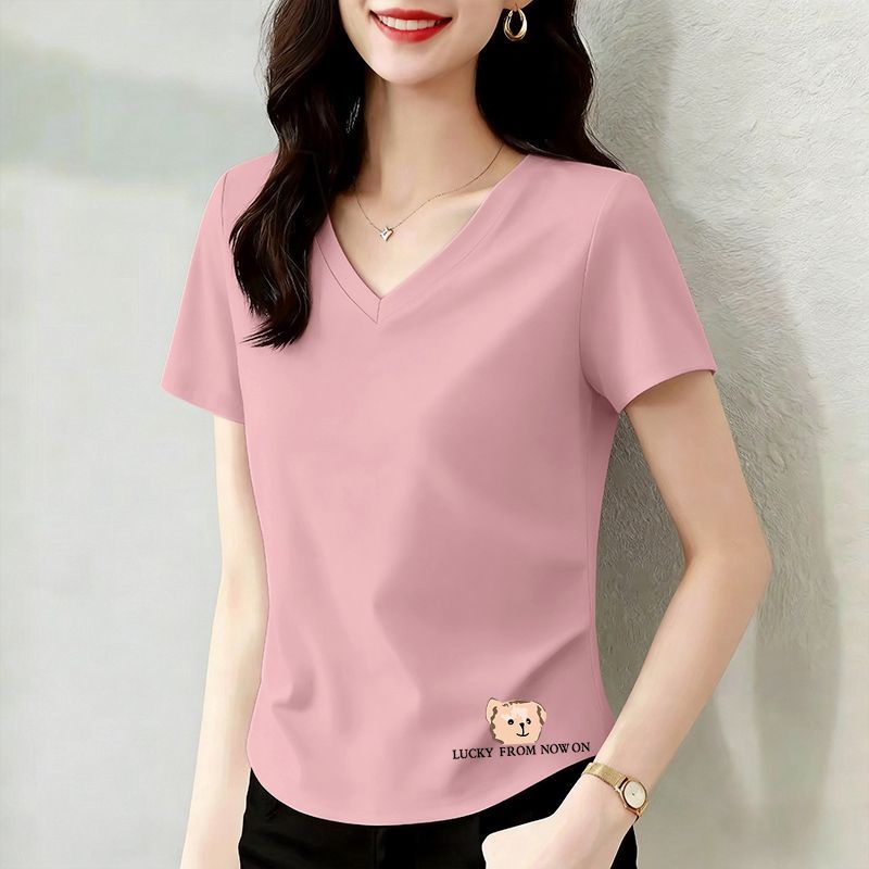 夏季纯棉V领百搭印花短袖T恤女