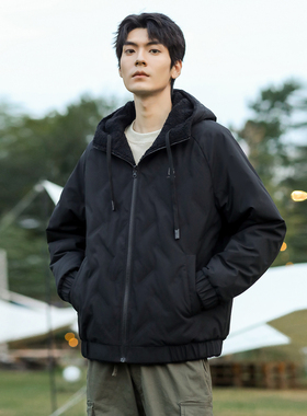 heure 22时尚连帽羽绒服仿羊羔绒双面穿鸭绒保暖加厚男女同款9086