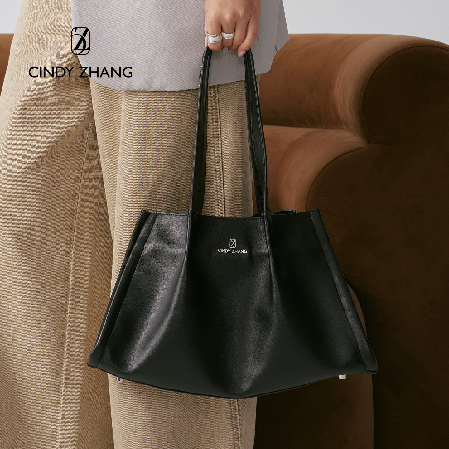 CINDY ZHANG2025年秋季新款手提单肩棱镜托特包大容量头层牛皮