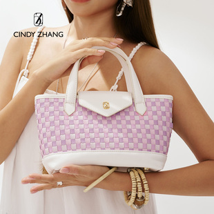 CINDY ZHANG2025年秋季新款编织度假牛皮迷你翻盖托特