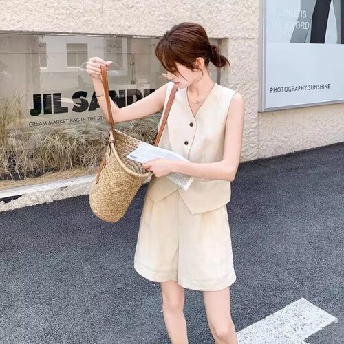 高级感老钱风亚麻马甲短裤两件套装女2026夏季大方得体穿搭一整套