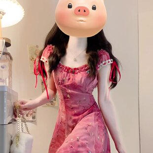 实拍大码女装玫红色扎染刺绣长款方领收腰吊带连衣裙夏法式裙子