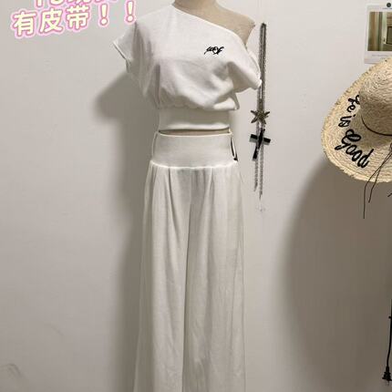 4.13新品WESTAYONE华夫格针织斜肩短袖t恤女休闲套装+阔腿裤