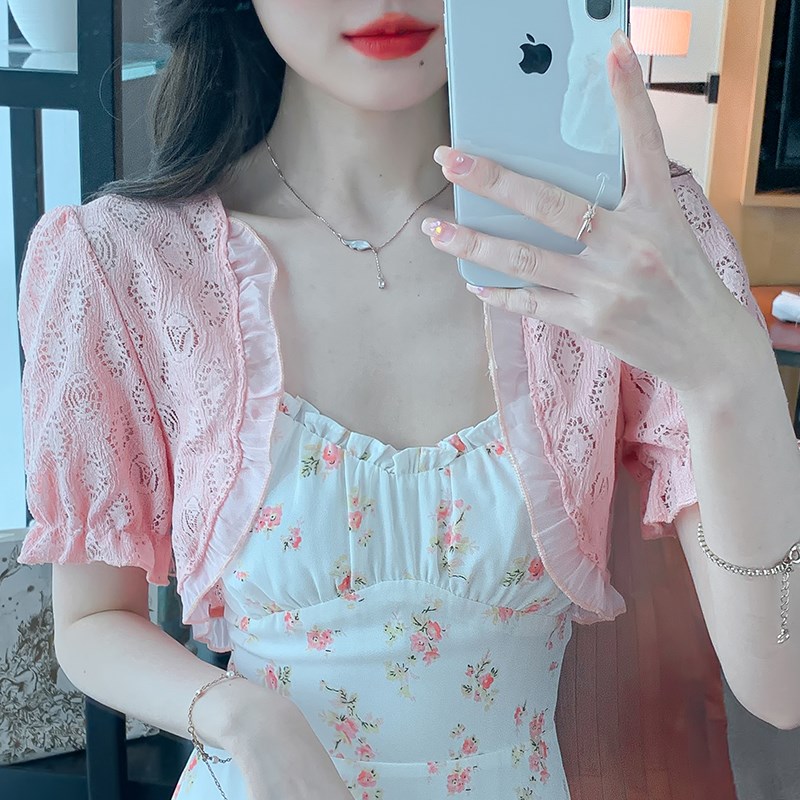 蕾丝披肩小外套女夏季薄款白色短袖开衫配吊带裙外搭罩衫防晒上衣