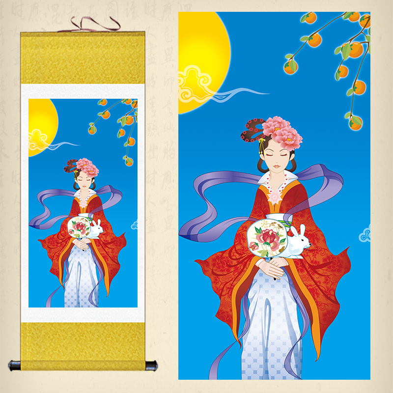 嫦娥玉兔人物卷轴画月光嫦娥壁画装饰画酒店包厢挂画中秋礼品佳画