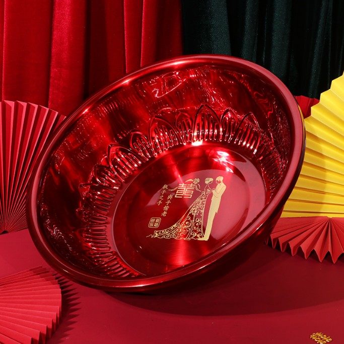 热销结婚礼纪脸盆嫁妆喜盆婚庆用品锈钢金色和酒红色喜脸盆