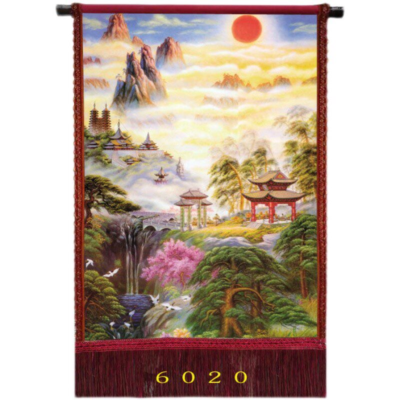 油画布带穗 平面单幅中式印刷 客厅 风景 装饰画 山水画