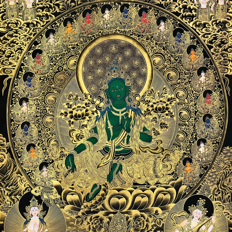 绿度母描金画稿唐卡西藏手绘DIY描金唐卡静心减压白描涂色装饰画