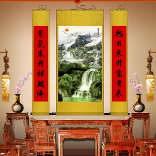 富水长流中堂画山水中堂丝绸卷轴山水挂画含对已装裱成品国