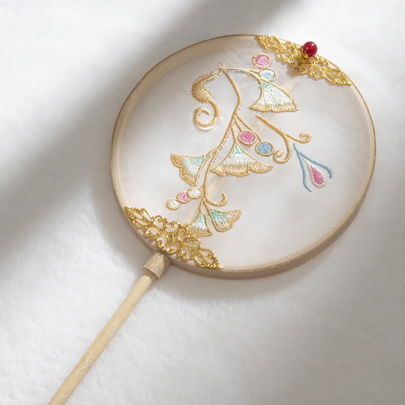 纯手工团扇刺绣古风长柄女童汉服配饰扇子宫廷古典扇拍摄道具舞蹈