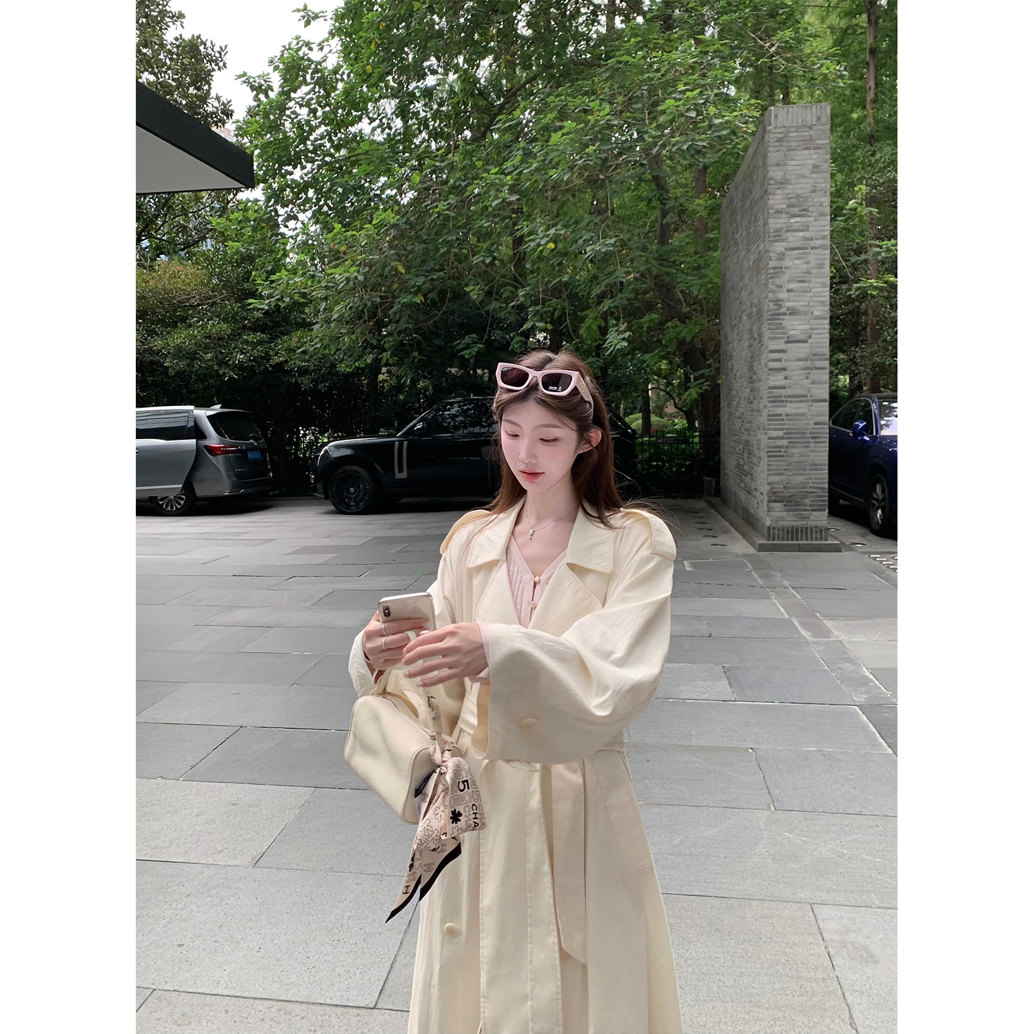 jijilulu积极璐 南韩女主 纯色中长款风衣气质千金宽松高级系带