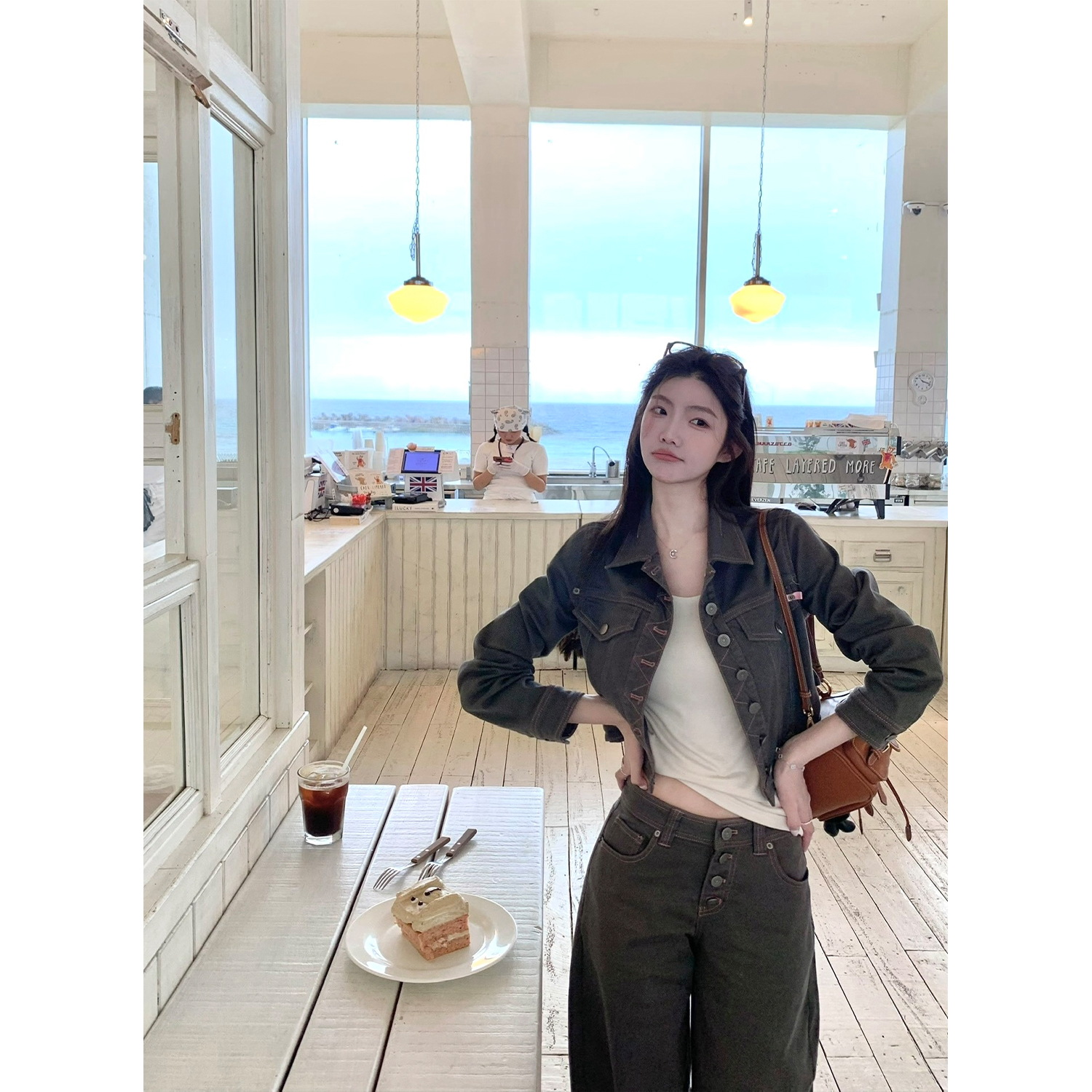 jijilulu积极璐 巴黎街头 复古牛仔短款外套女秋开衫显瘦套装