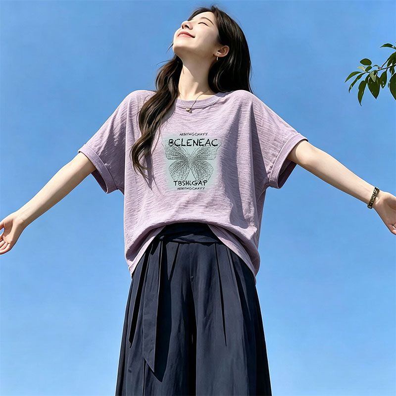 夏季纯棉竹节棉短袖圆领T恤女
