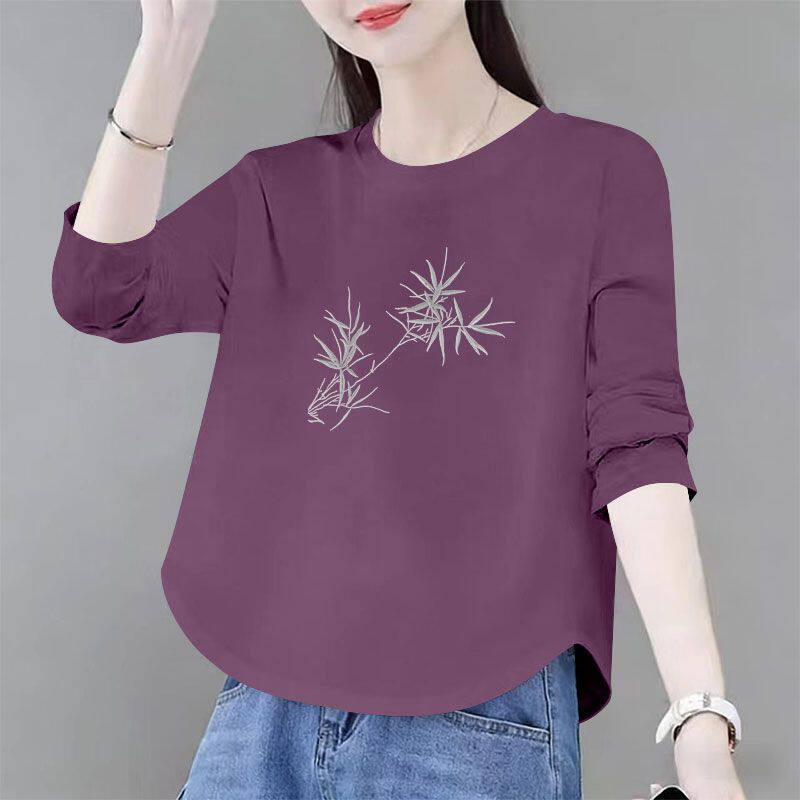 精品纯棉常规长袖T恤女秋冬女装休闲气质设计感大码圆领高级上衣