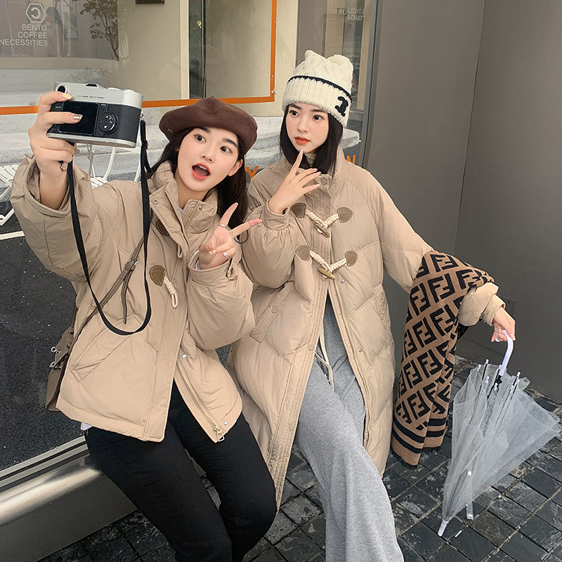 实拍韩版羽绒服女短款中长款2025年闺蜜装牛角扣棉服羊羔毛外套