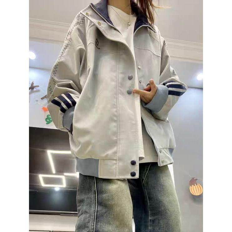 国潮美式复古三条杠撞色外套女2025春秋季宽松休闲百搭夹克棒球服