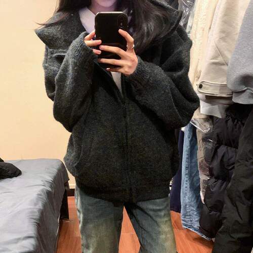 灰色连帽超好看厚毛衣女