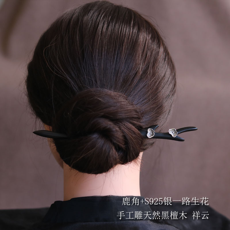 手工黑檀木发簪S925银