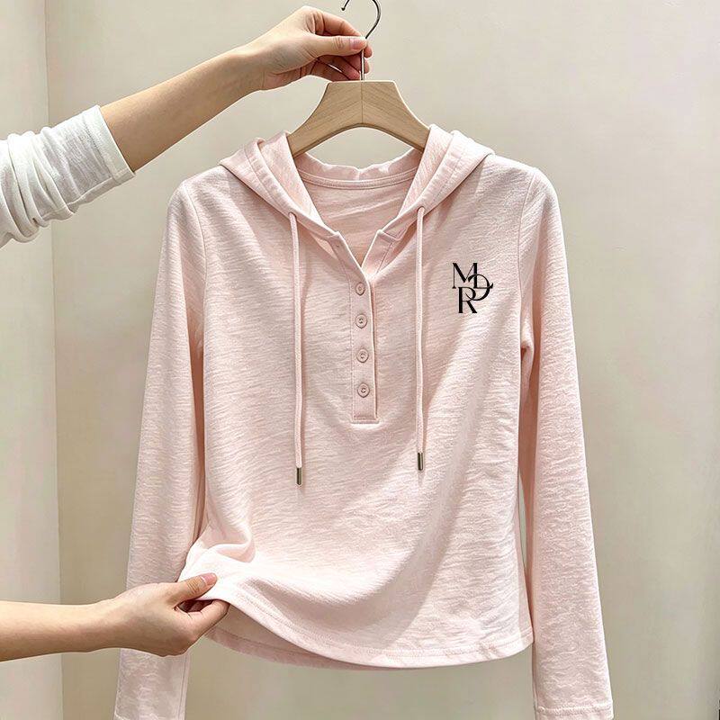 高品质竹节棉连帽长袖T恤女秋冬
