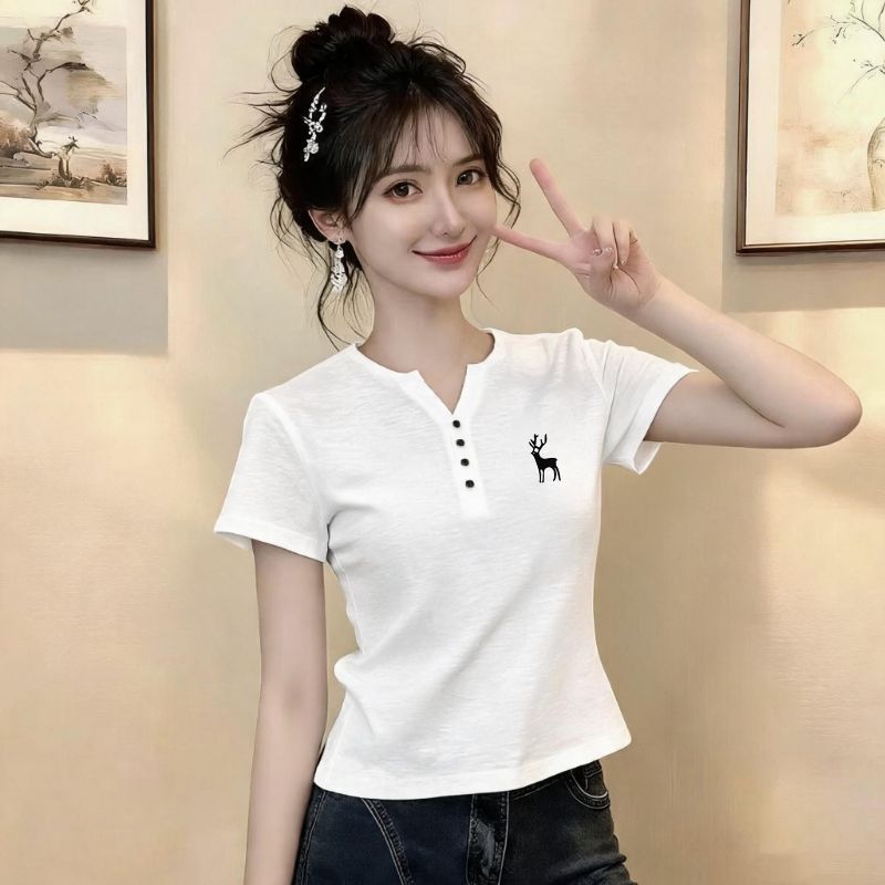 夏季竹节棉V领纽扣短袖女T恤