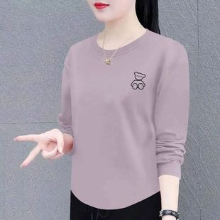 韩版 100%纯棉韩版 宽松时尚 T恤秋冬新款 潮流简约印花上衣女ins 长袖