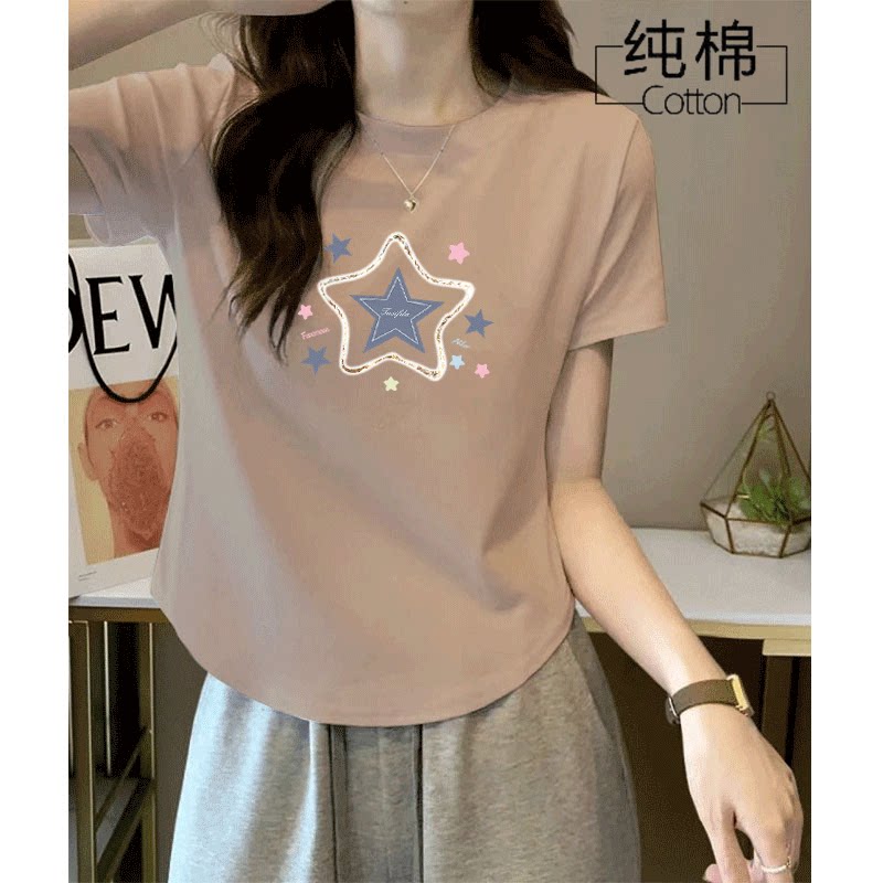 爆款夏季短袖女士纯棉t恤衫大码遮肚子通勤弧形下摆ins印花上衣女