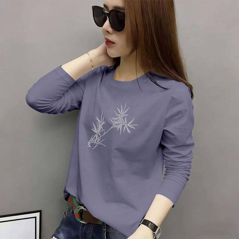 纯棉韩版长袖T恤女秋冬新款百搭印花圆领高级遮肉设计感上衣女ins