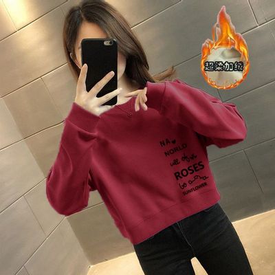 秋冬加绒加厚纯棉短款卫衣女