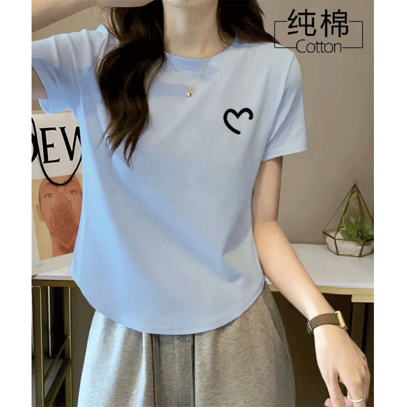 夏季纯棉短袖弧形下摆T恤女