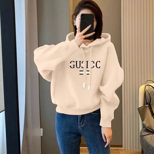 美拉德潮流女保暖衫 宽松显瘦时尚 连帽加绒加厚卫衣女韩版 纯棉短款