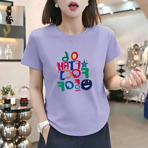 夏季100%纯棉遮肚圆领女短袖T恤