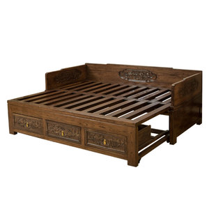 罗汉床实木老榆木沙发床新现代伸缩推拉床箱体榆木罗汉榻