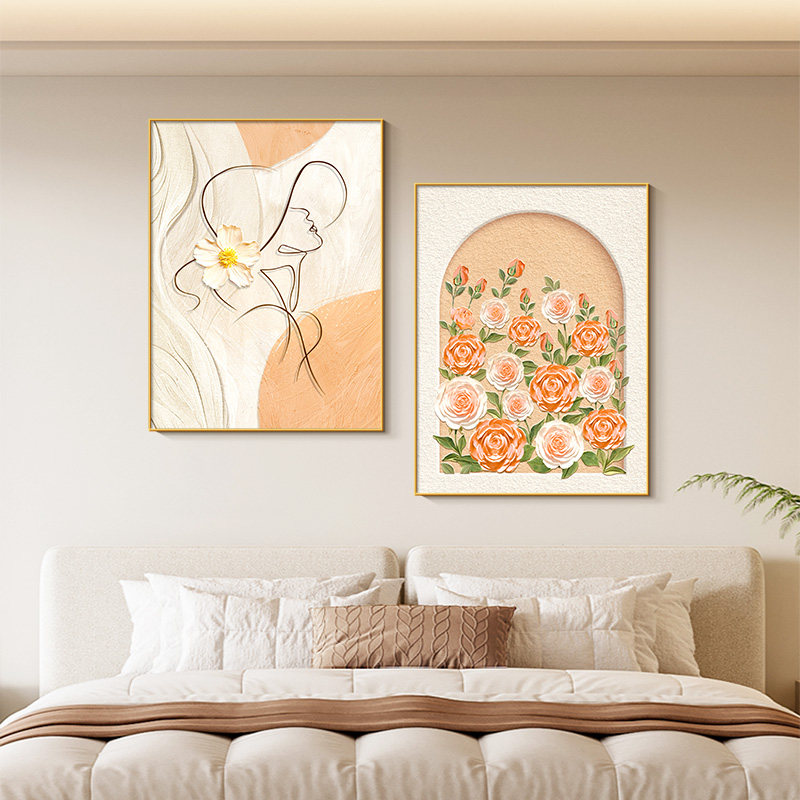 玫瑰花床头两联挂画奶油风花卉卧室装饰画治愈系人物客厅壁画