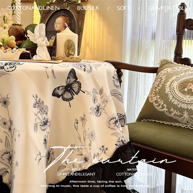 法式浪漫复古蝴蝶荷叶边长方形桌布茶几餐桌布甜品台布防尘盖巾布,居家布艺,桌布,淘宝优惠券,粉丝福利购,淘宝优惠卷