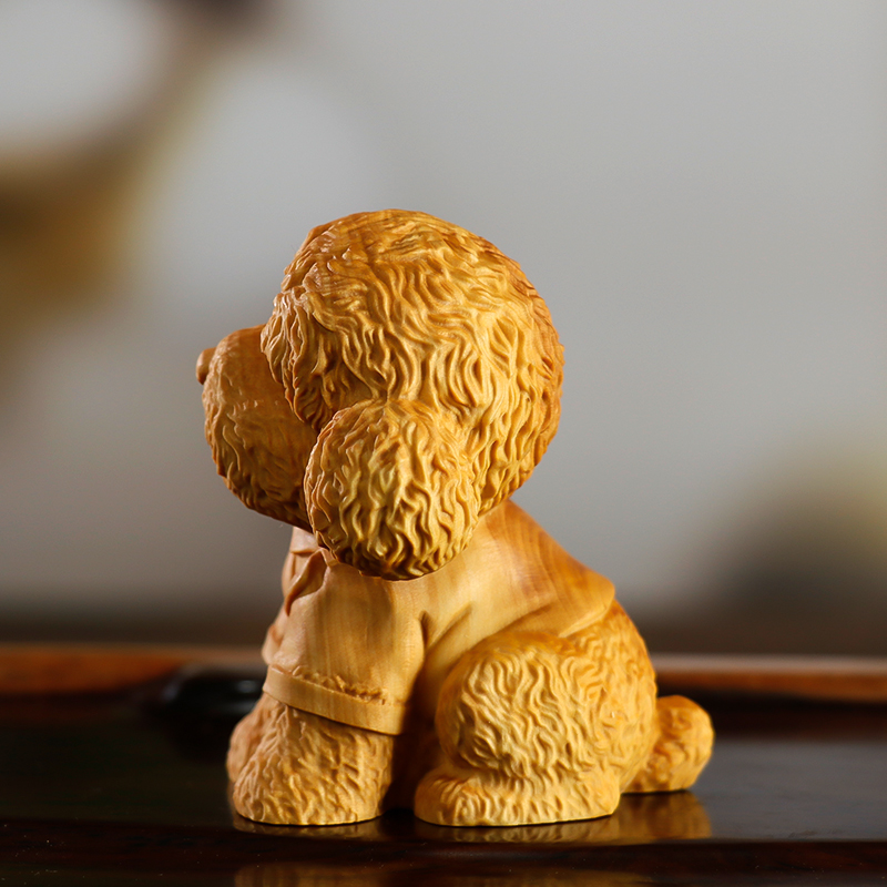 黄杨木创意动物手把件实木可爱泰迪狗雕刻工艺品生肖旺财招财摆件