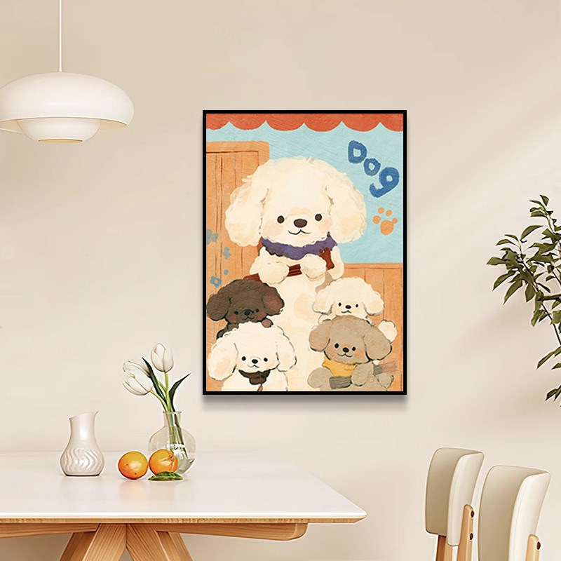 可爱小狗狗装饰画奶油风治愈卡通儿童房餐厅挂画宠物店沙发墙壁画图片