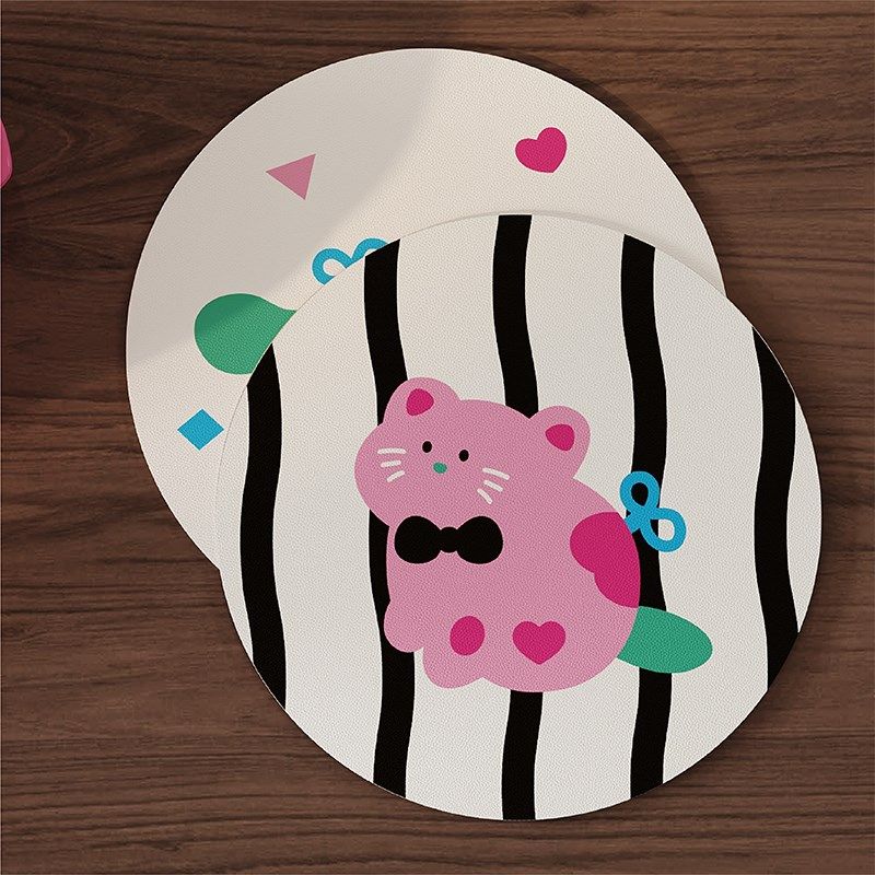 韩式卡通波点小猫皮革吸水杯垫皮革隔热餐垫咖啡茶水桌面保护垫