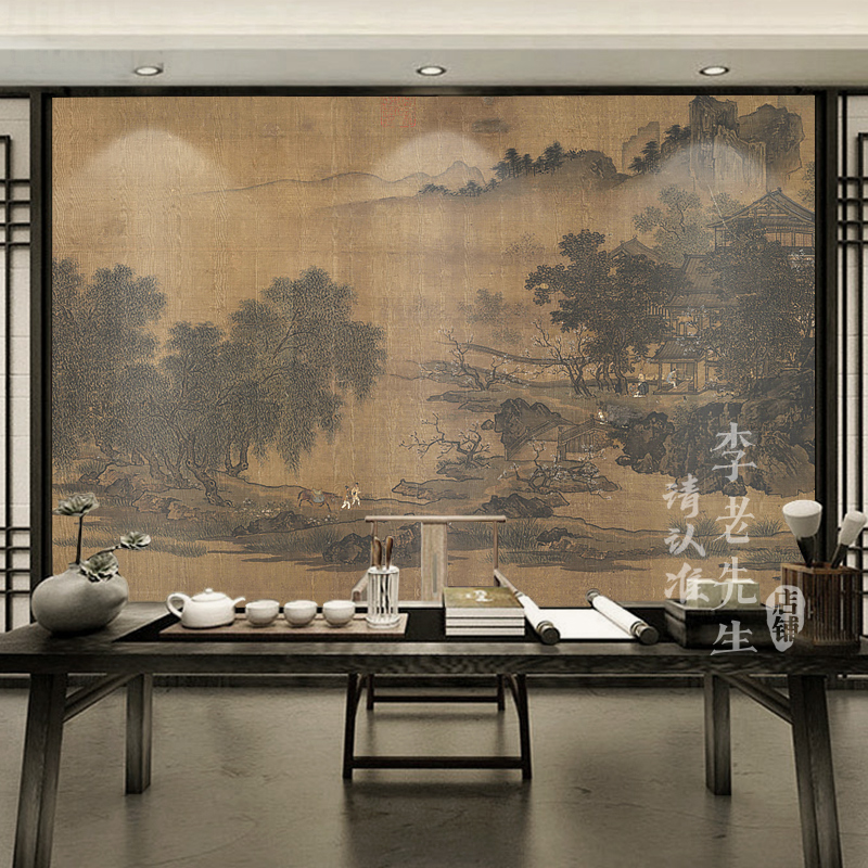 春夏秋冬中式山水壁纸国风汉服墙纸卧室客厅定制壁画摄影拍照墙布