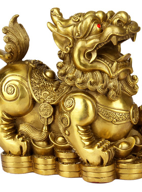 黄铜金钱貔貅大号一对雌雄皮休工艺品聚宝盆摆设