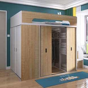 儿童衣帽间床复式二层阁楼实木半床带书桌一体上床下柜