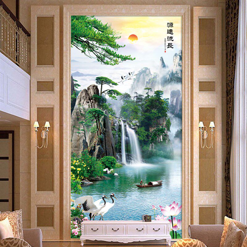 立体墙壁画纸壁纸自粘墙纸山水年画国画客厅办公室背景