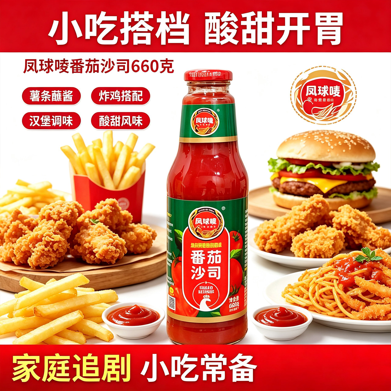 凤球唛番茄沙司660g瓶装手抓饼薯条披萨汉堡寿司意面烤肉饭蘸酱