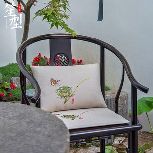 中式仿皮刺绣坐垫麻料纹理防水防污蝶恋椅子座垫餐椅茶椅圈椅靠垫