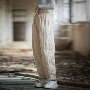 棉麻女士新款 纯色棉裤 夹棉加厚保暖休闲裤 女式 绗缝竖格个性 秋冬季