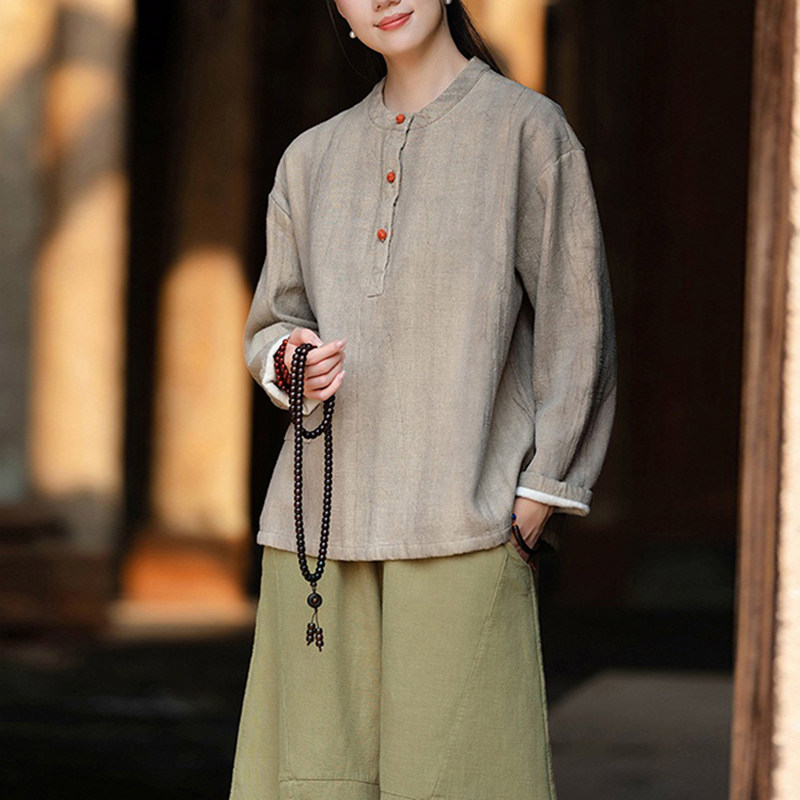 新中式棉麻衬衫女士复古春秋新款手工扎染上衣时尚国风禅意茶服