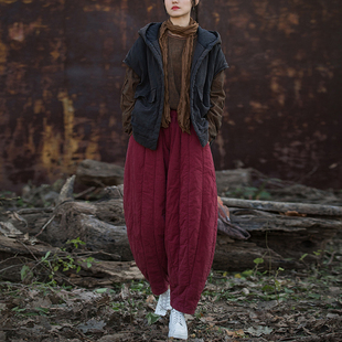 晨练功棉裤 复古拼接宽松纯色女式 女士夹棉加厚炒色萝卜裤 秋冬新款