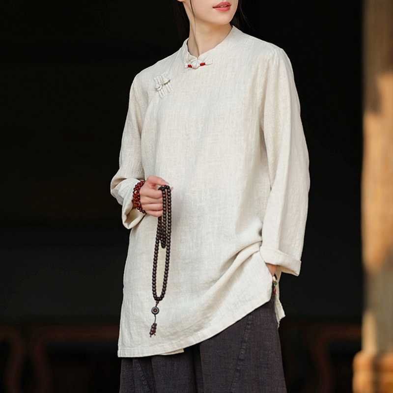 中式唐装改良新款复古立领斜襟盘扣上衣女禅修服砂洗纯色宽松茶服