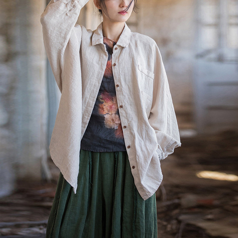 翻领蝙蝠袖纯色苎麻棉砂洗女宽松衬衫春夏新款休闲棉麻复古衬衣