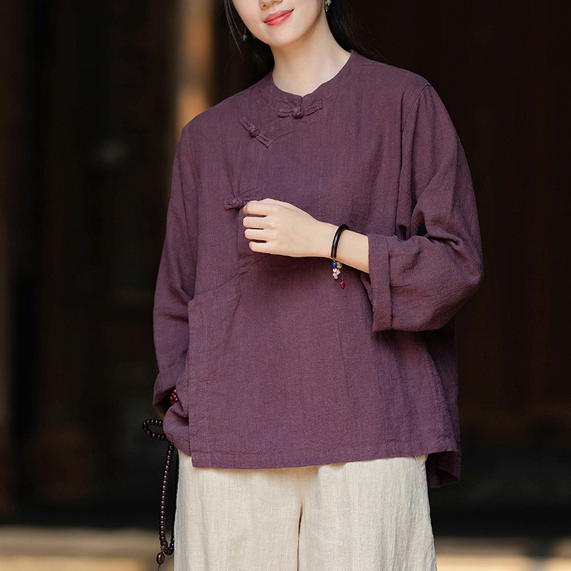新中式上衣苎麻斜襟立领休闲上衣女衬衫禅意砂洗纯色宽松亚麻外套
