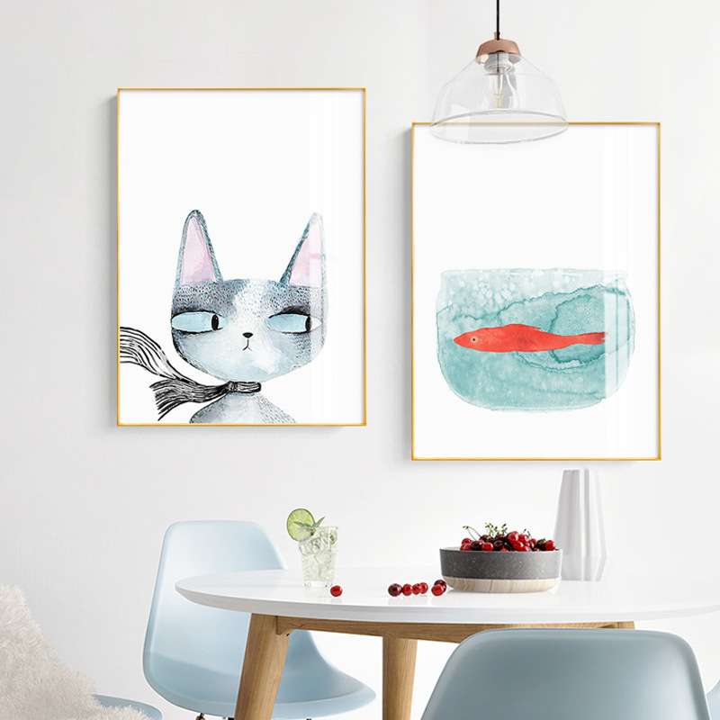 猫和鱼 简约餐厅装饰画北欧猫咪小清新饭厅餐桌挂画现代墙面壁画图片